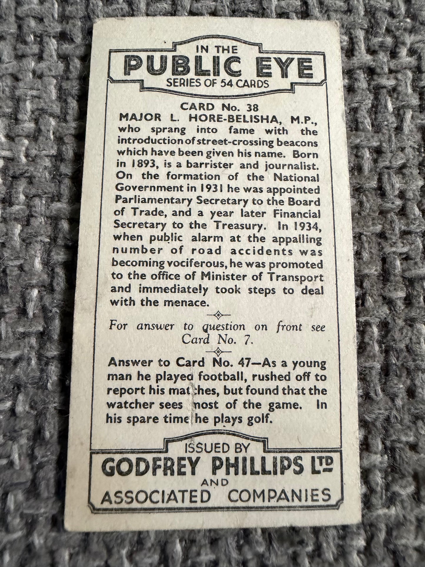 Vintage Cigarette Card — Leslie Hore-Belisha — The Public Eye — Godfrey Phillips No.38