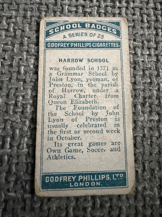 Vintage Cigarette Card — Harrow School — School Badges — Godfrey Phillips