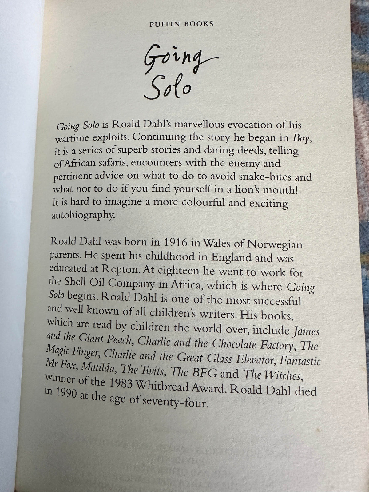 1988 Going Solo - Roald Dahl (Quentin Blake Illust) Puffin - Honeyburn Books (UK)