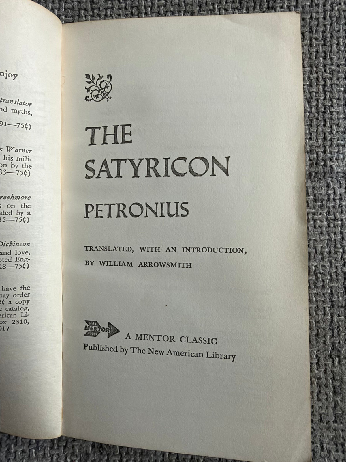 1964 Petronius The Satyricon - William Arrowsmith (Mentor Classic)