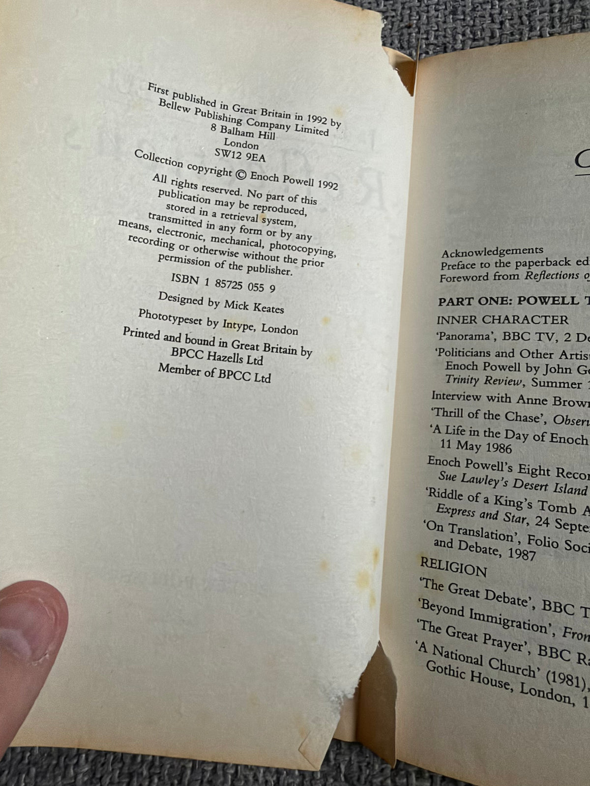 1992 Reflections Selected Writings & Speeches of Enoch Powell edited by Rex Collings (Bellew Publishing)