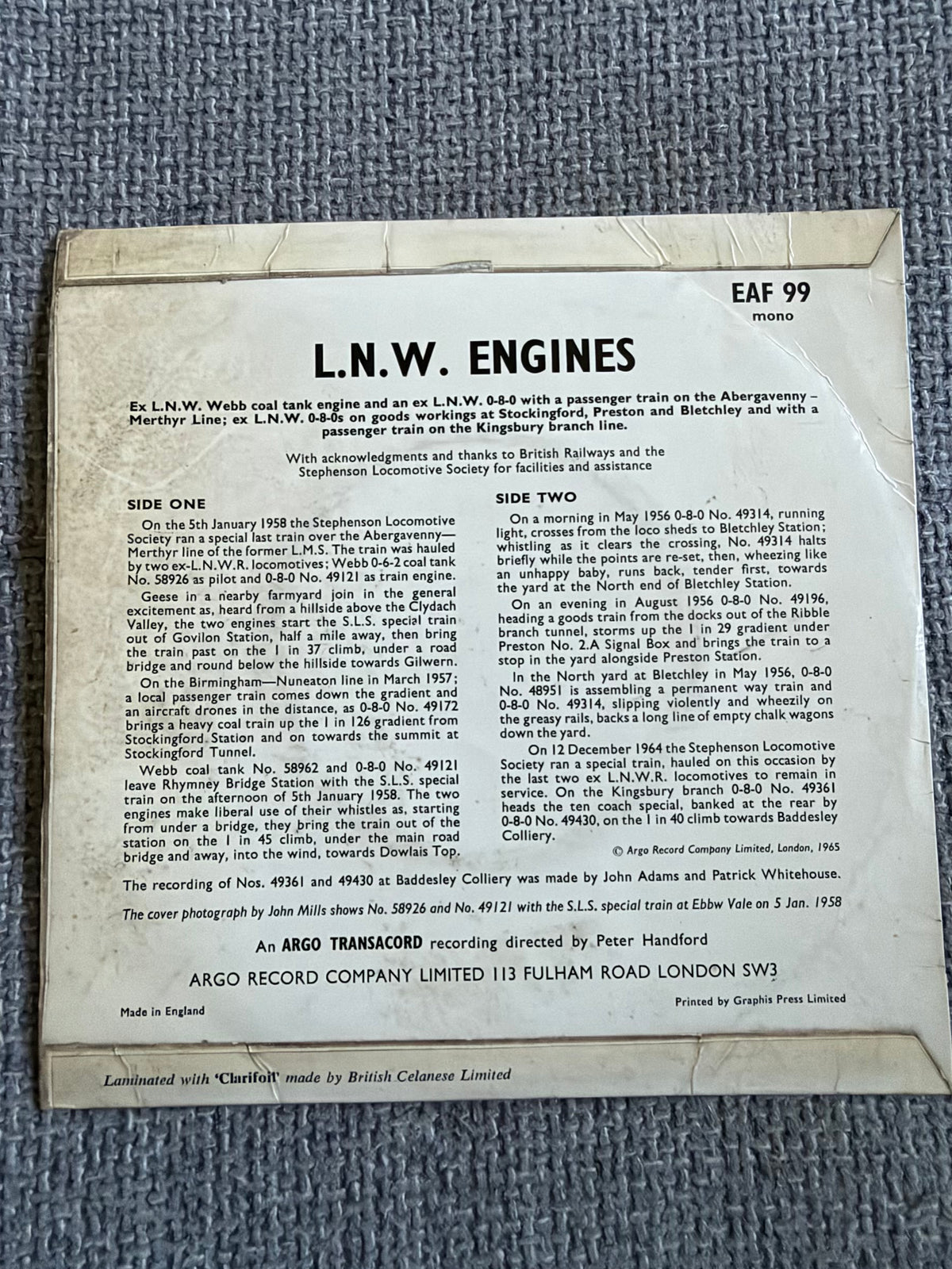 1965 L. N. W. Engines (Argo Transacord) Record