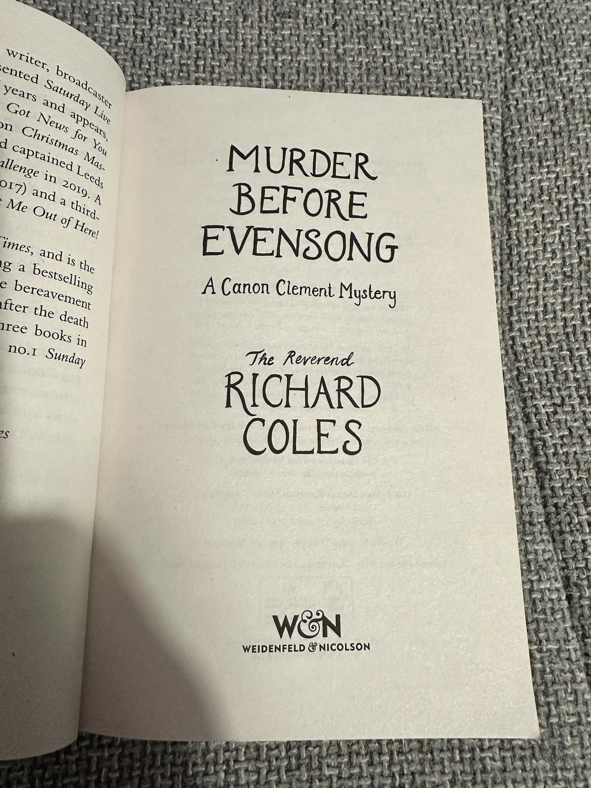 2025 Murder Before Evensong - Reverend Richard Coles (Weidenfeld & Nicolson) First paperback issue