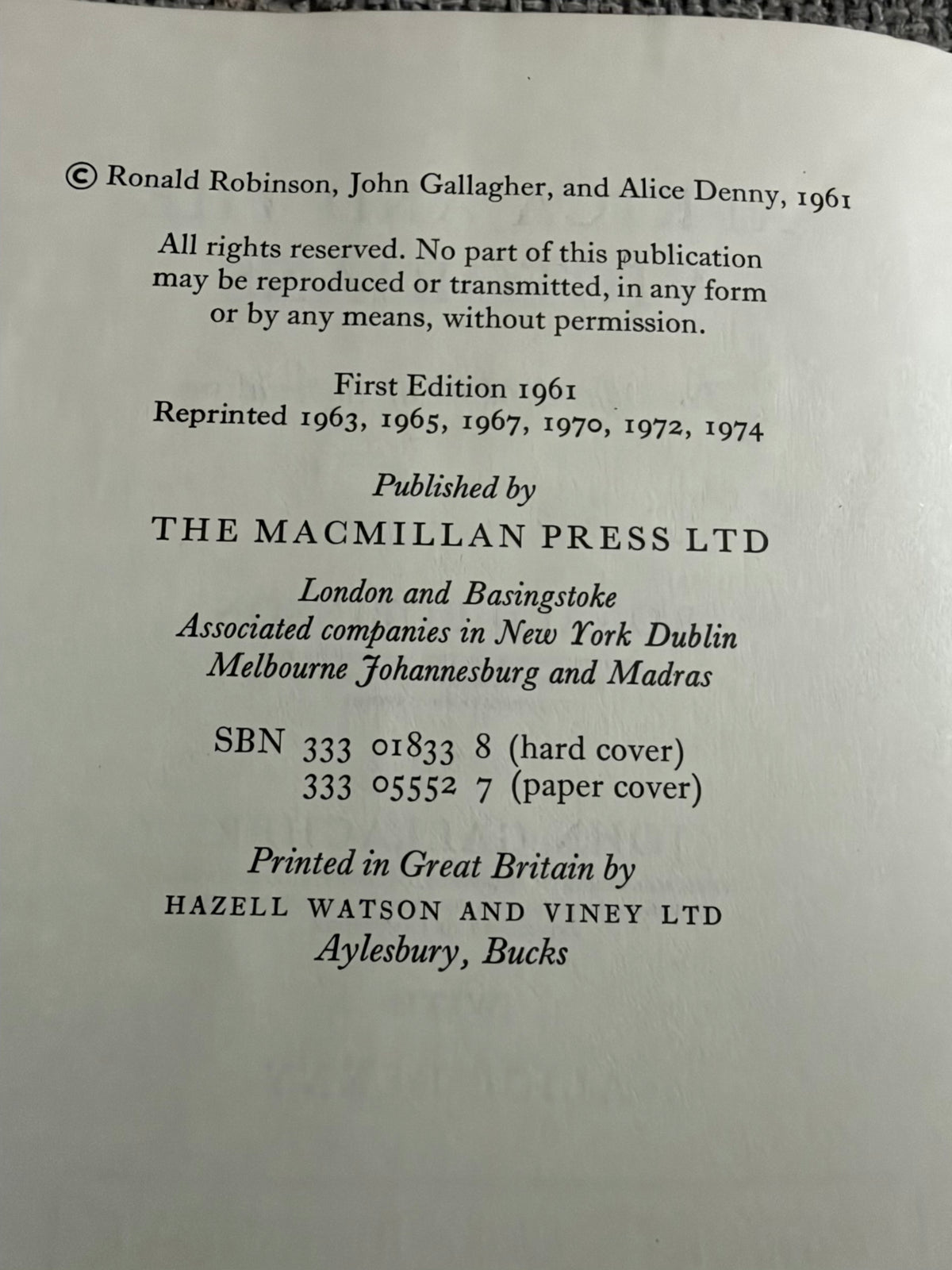 1974 Africa & The Victorians - Ronald Robinson & John Gallagher with Alice Denny (MacMillan)
