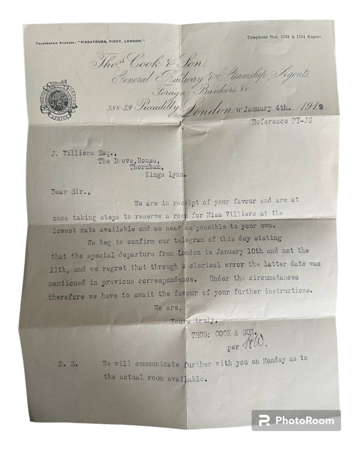 1913 Thomas Cook & Son very early travel letter from now closed travel agents Thomas Cook - Honeyburn Books (UK)