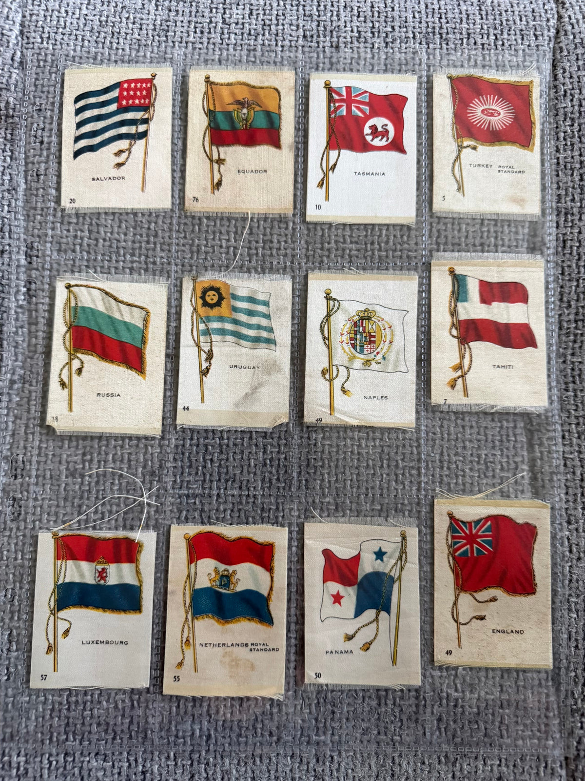 12 x Vintage Wix / B.D.V. Tobacco Silk Flag Cards — World Flags Collection c.1910s–1930s.