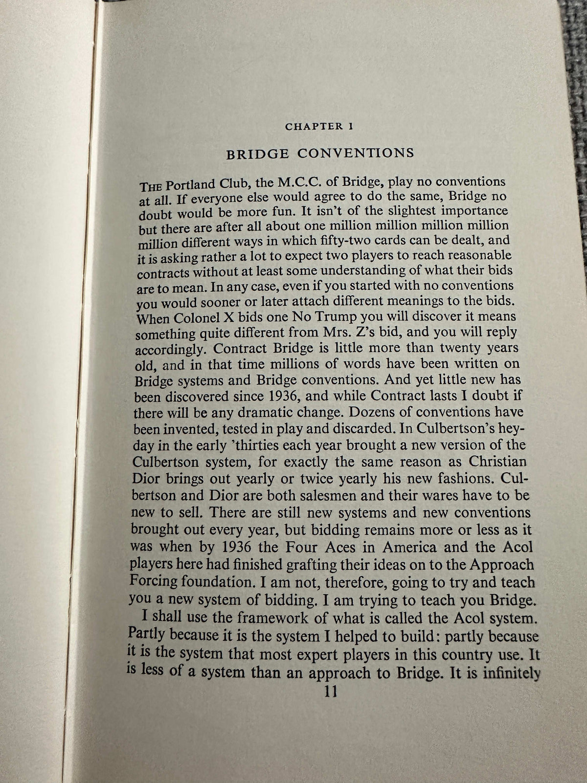 First chapter page from 1959 Bridge Is An Easy Game book with text on bridge conventions