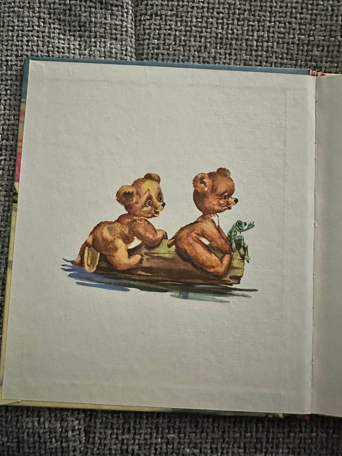 Illustration from Corrie Scherewitz rare kids book featuring two cute bears playing together