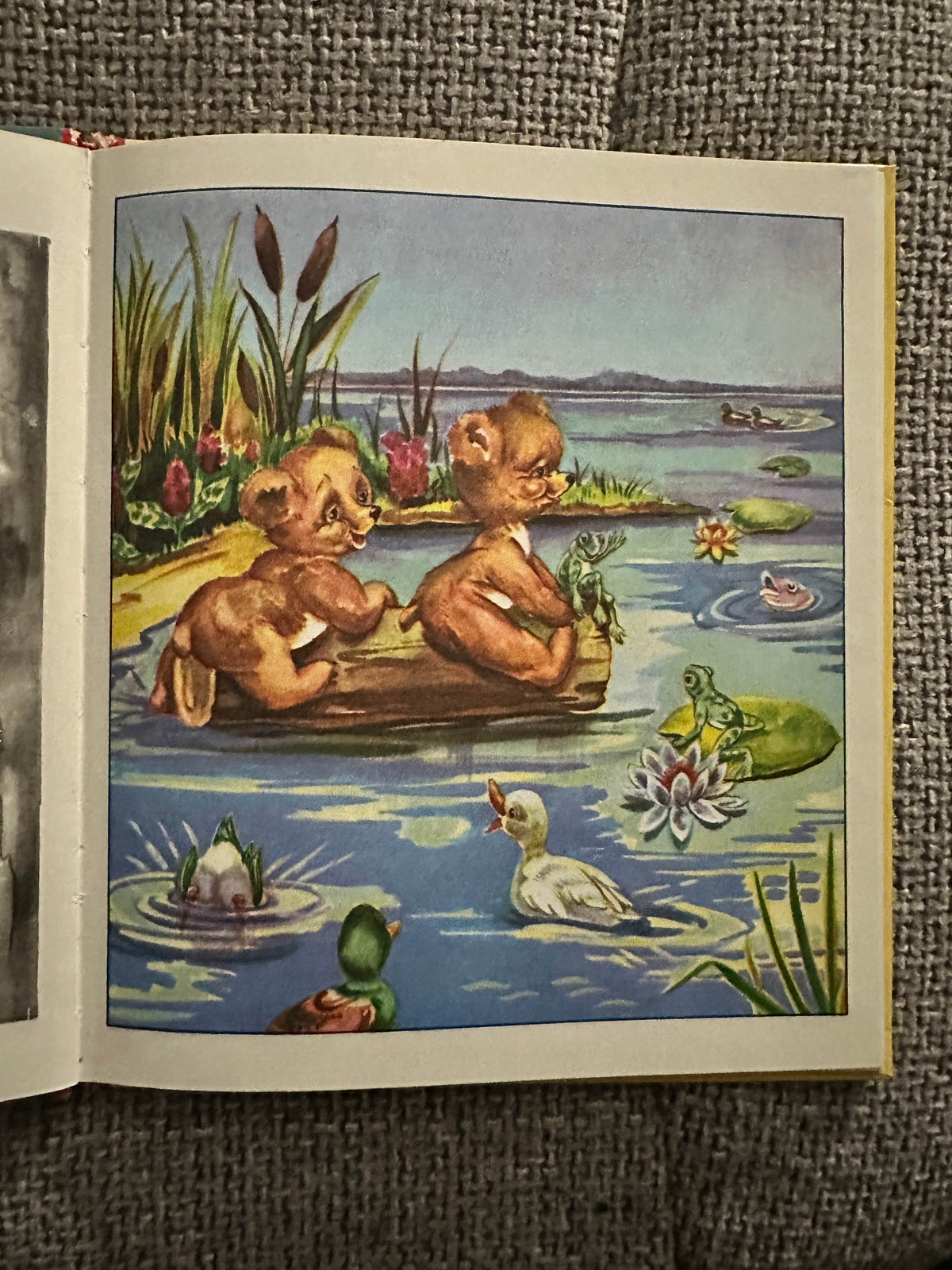 Illustration from Corrie Scherewitz rare kids book featuring bears playing by a lily pad pond