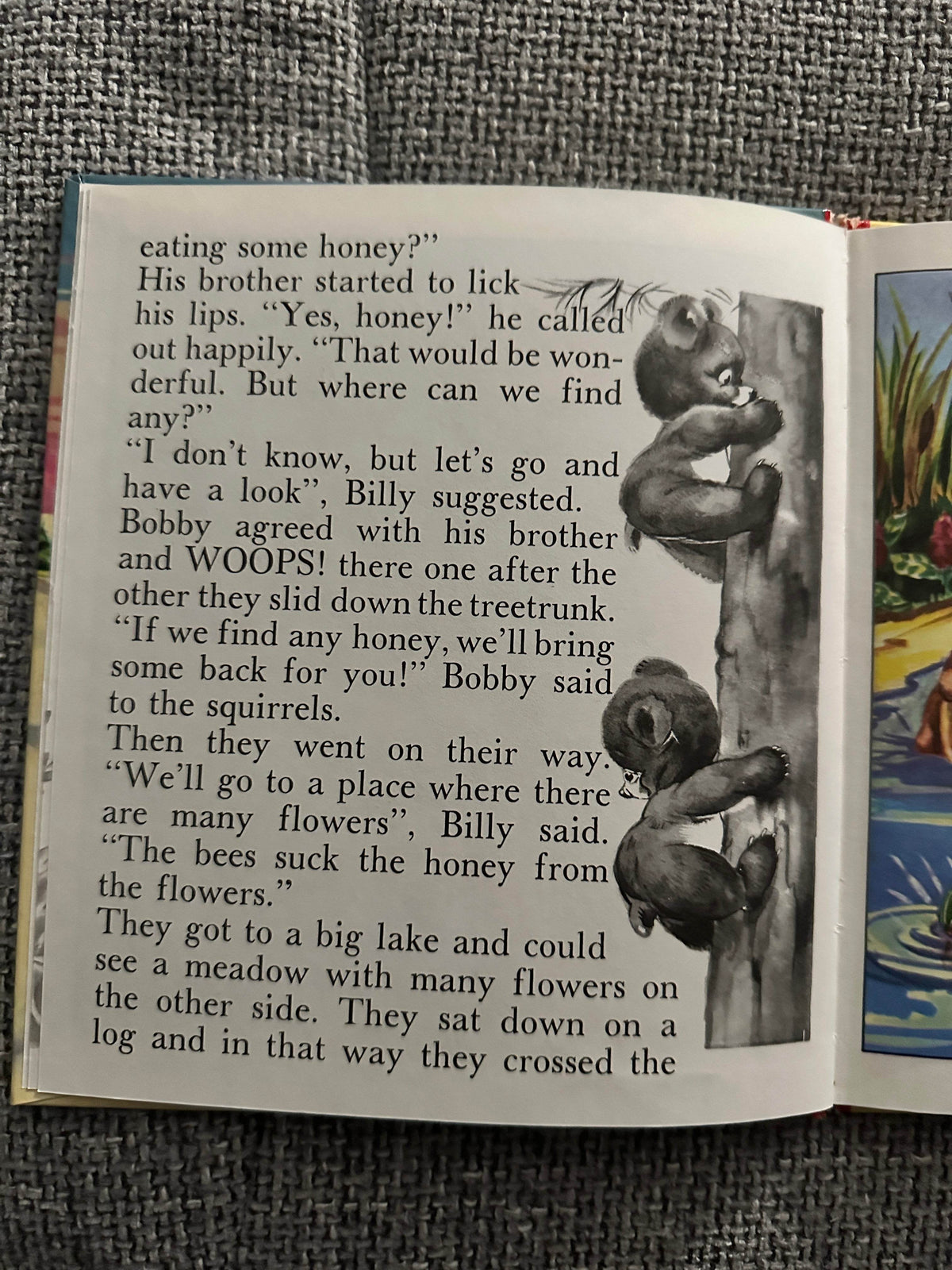 Illustration from Corrie Scherewitz rare kids book featuring playful animals in a lush setting
