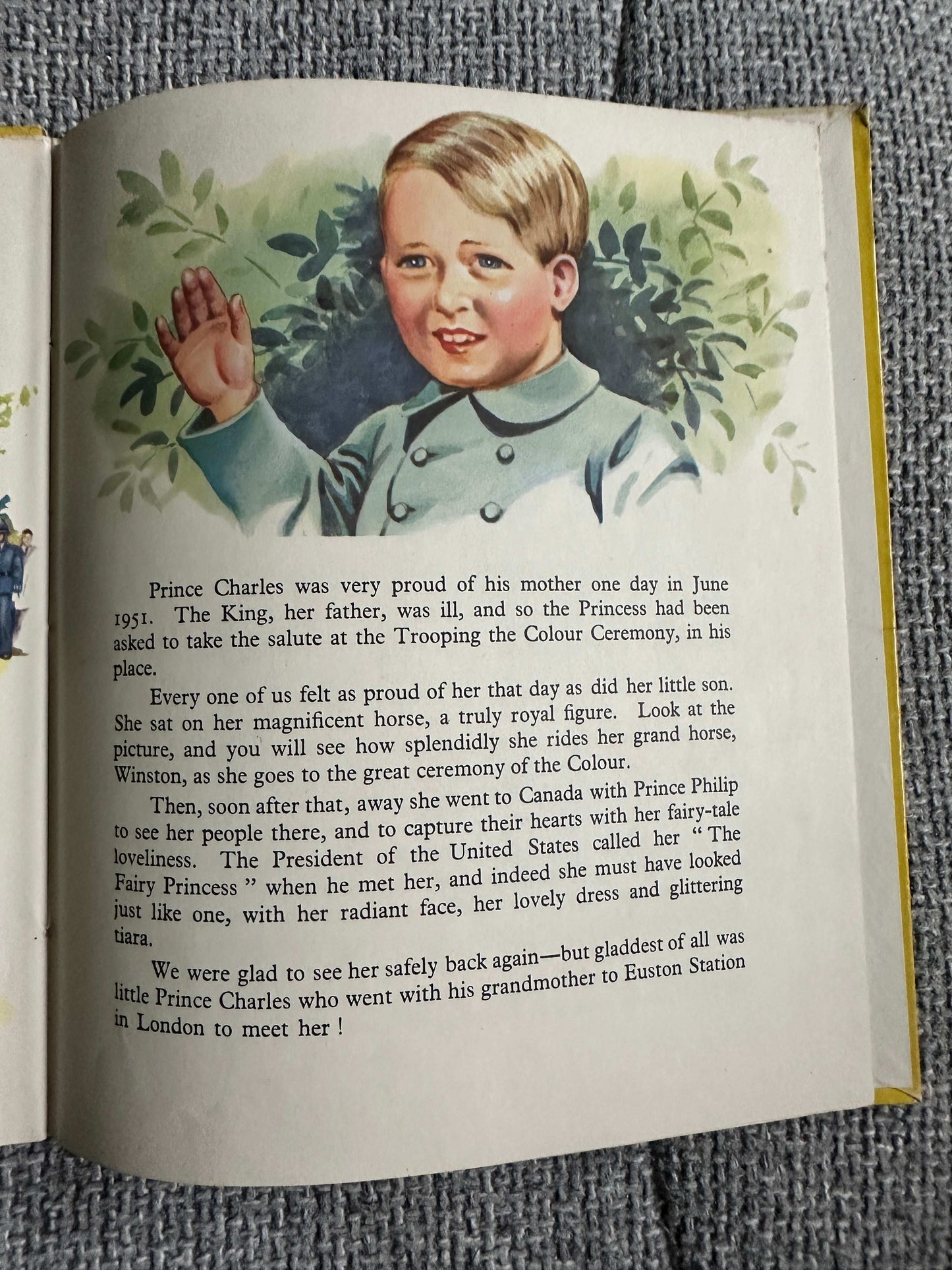 Enid Blyton The Story Of Our Queen first edition children's book illustration with Prince Charles waving