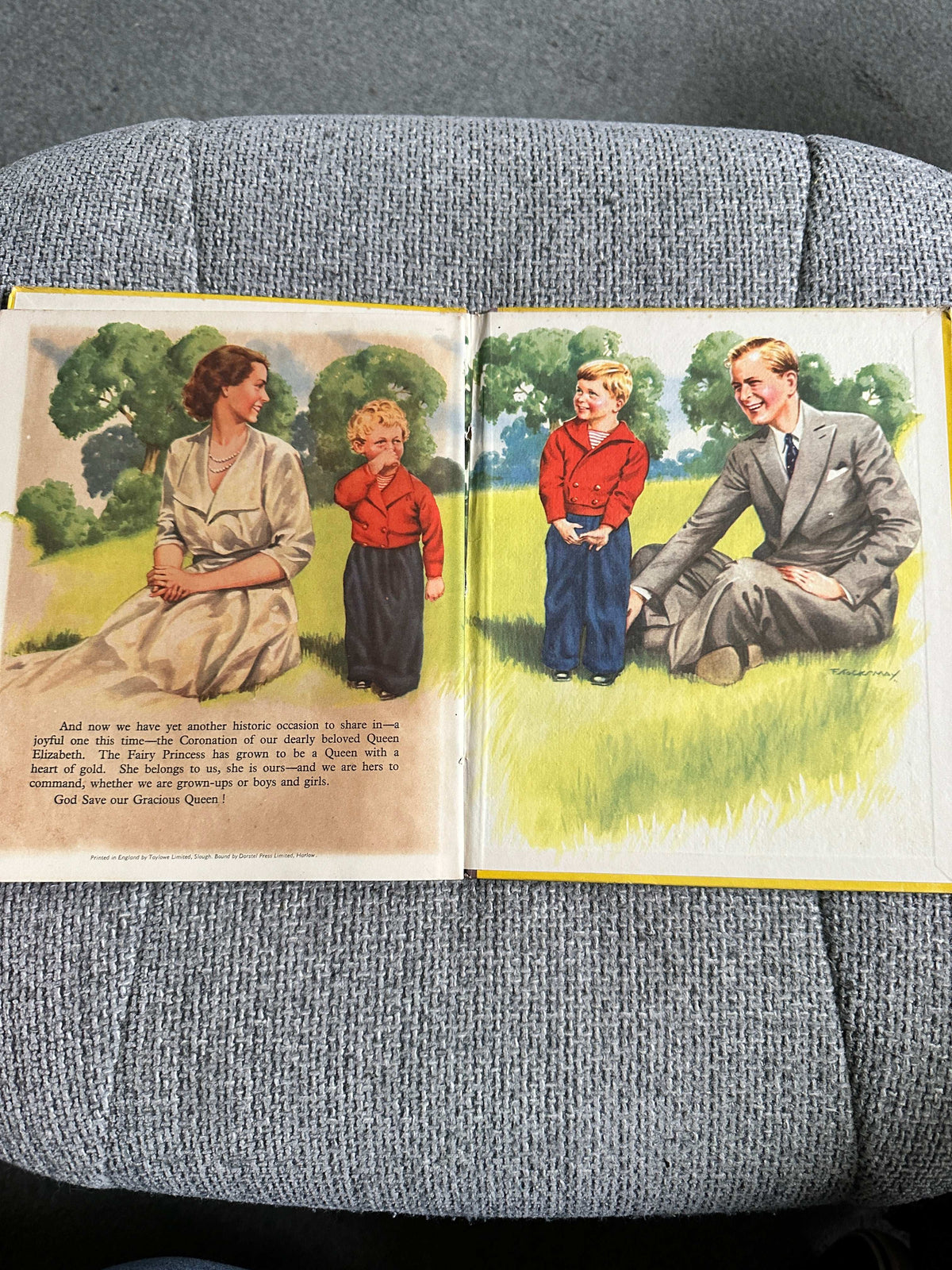 Enid Blyton The Story Of Our Queen first edition open book with colorful illustrations of children and a royal figure
