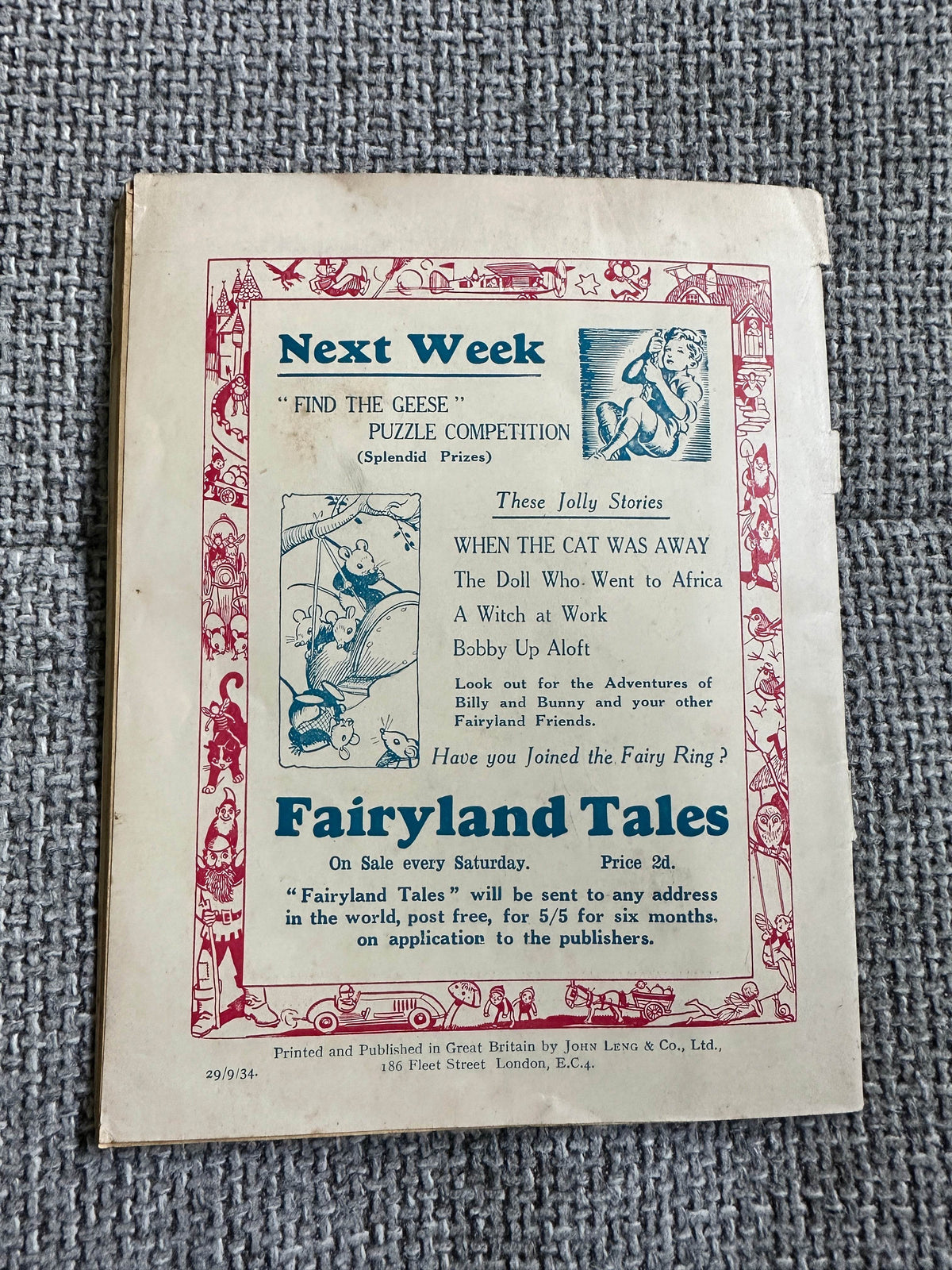 Back cover of 1934 Fairyland Tales vintage children's book featuring illustrations and puzzle competition details