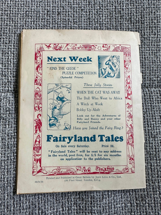 Back cover of 1934 Fairyland Tales vintage children's book featuring illustrations and puzzle competition details