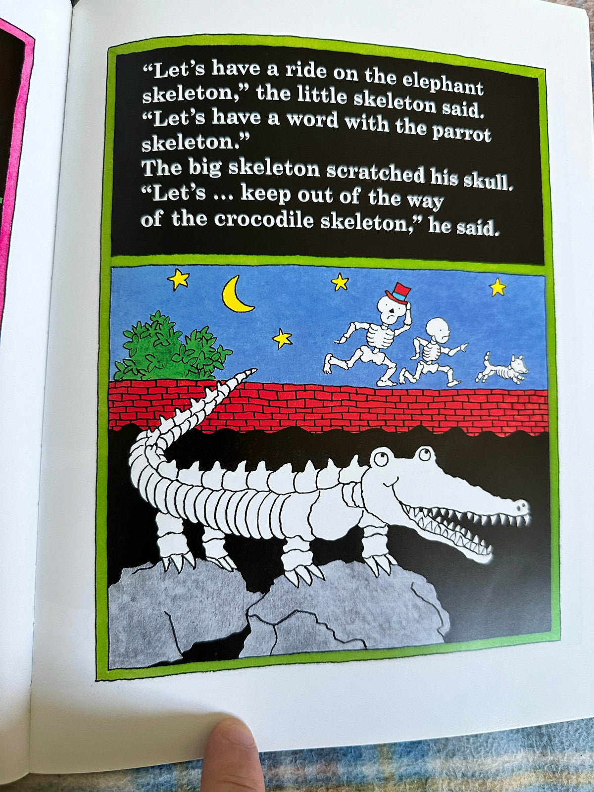 Funnybones Janet and Allan Ahlberg book page with colorful illustrations of skeletons and a crocodile