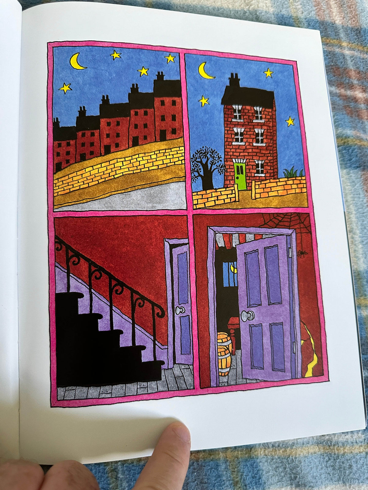 Colorful illustration from the Funnybones Janet and Allan Ahlberg book with whimsical buildings and a nighttime scene