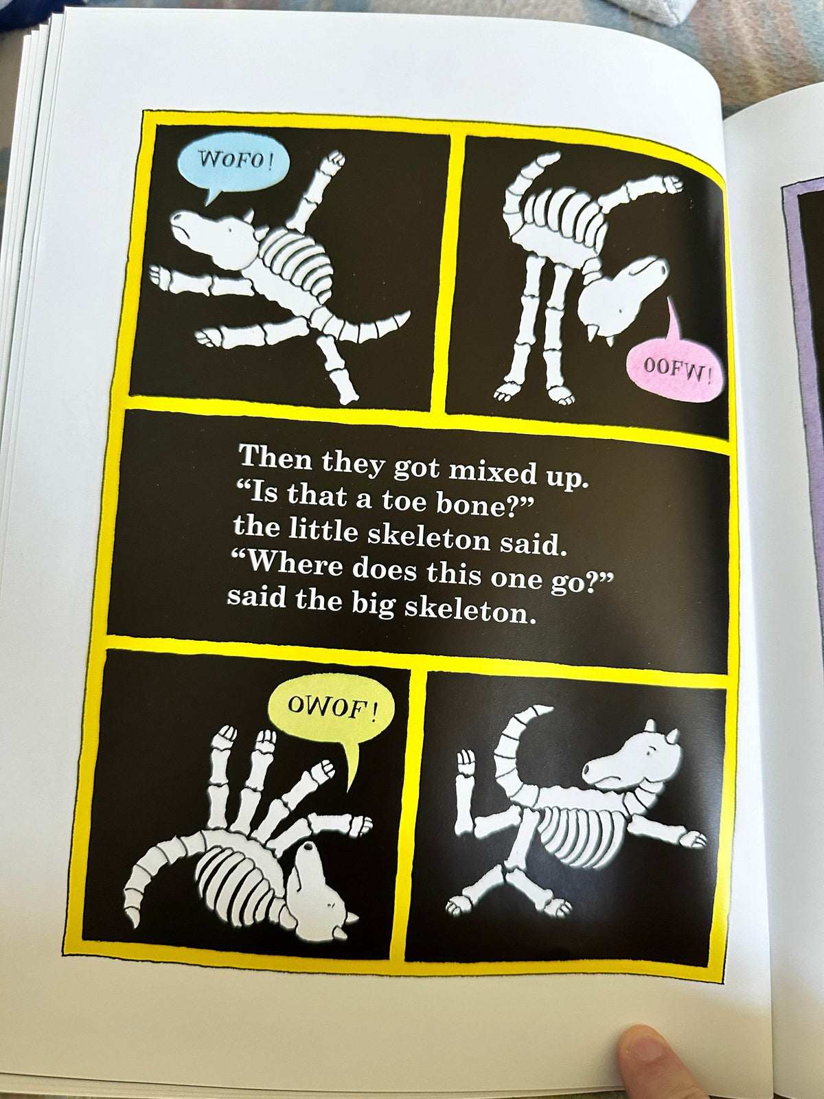 Funnybones Janet and Allan Ahlberg book page featuring playful skeleton characters in humorous poses