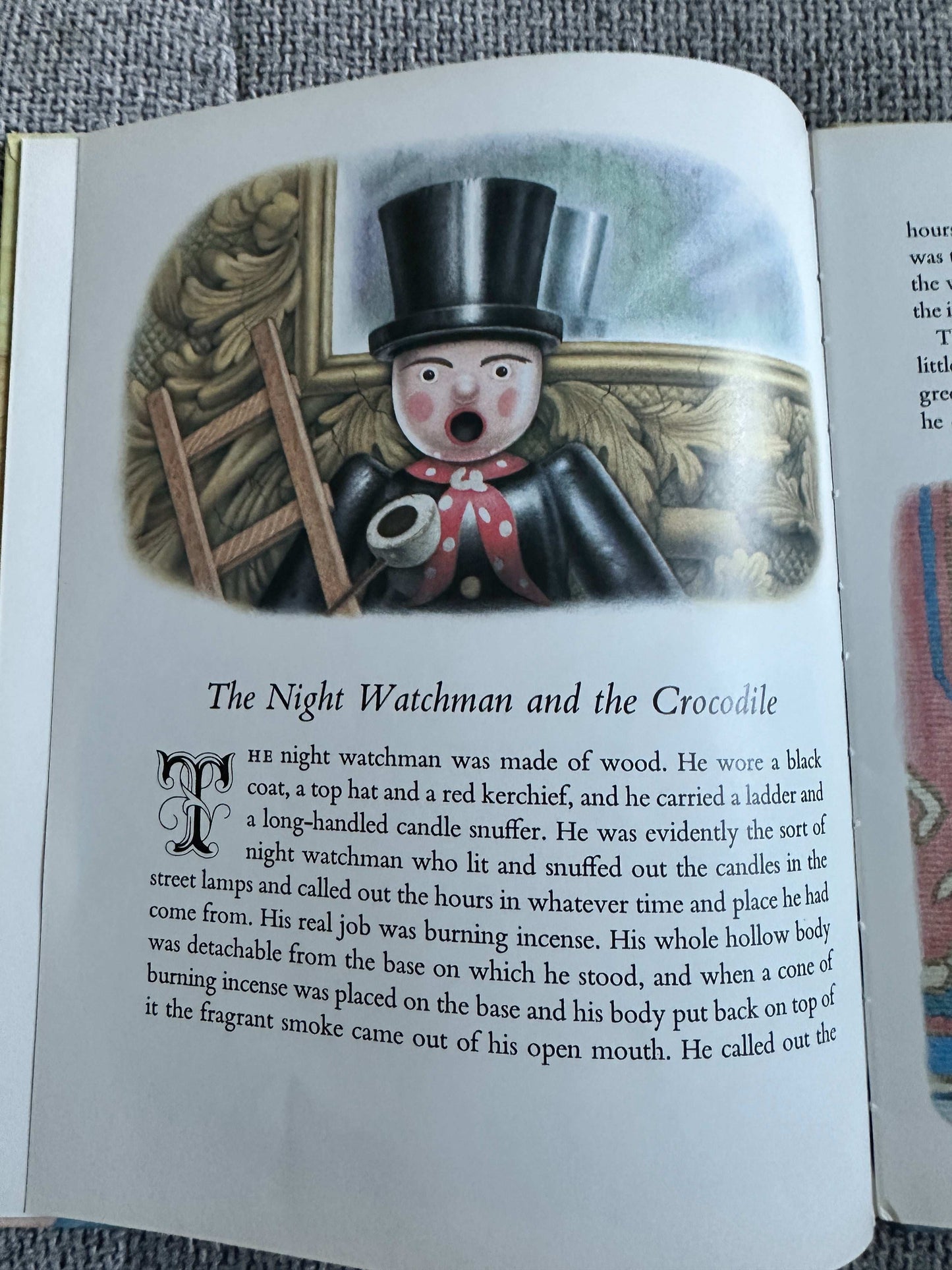 Children's book illustration from La Corona and The Tin Frog first edition featuring a night watchman character
