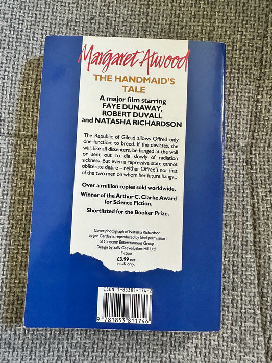 Back cover of Margaret Atwood first edition 1990 of The Handmaid's Tale fiction book by Honeyburn Books UK