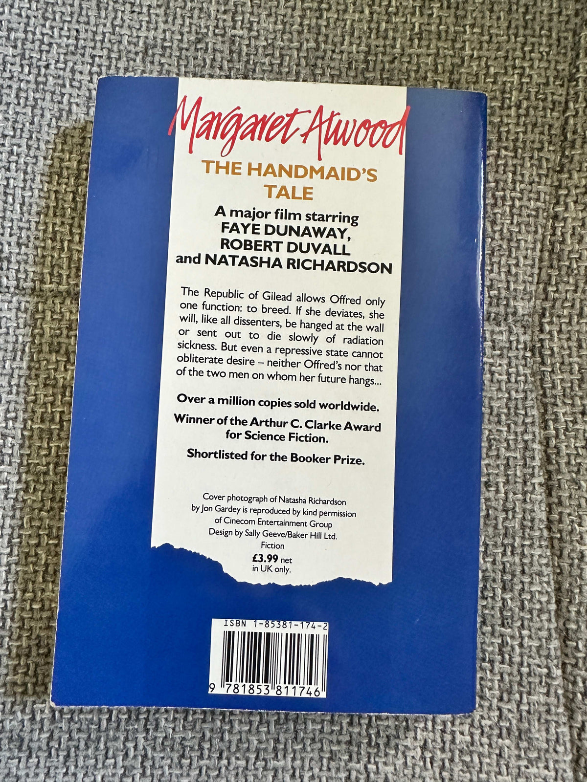 Back cover of Margaret Atwood first edition 1990 of The Handmaid's Tale fiction book by Honeyburn Books UK