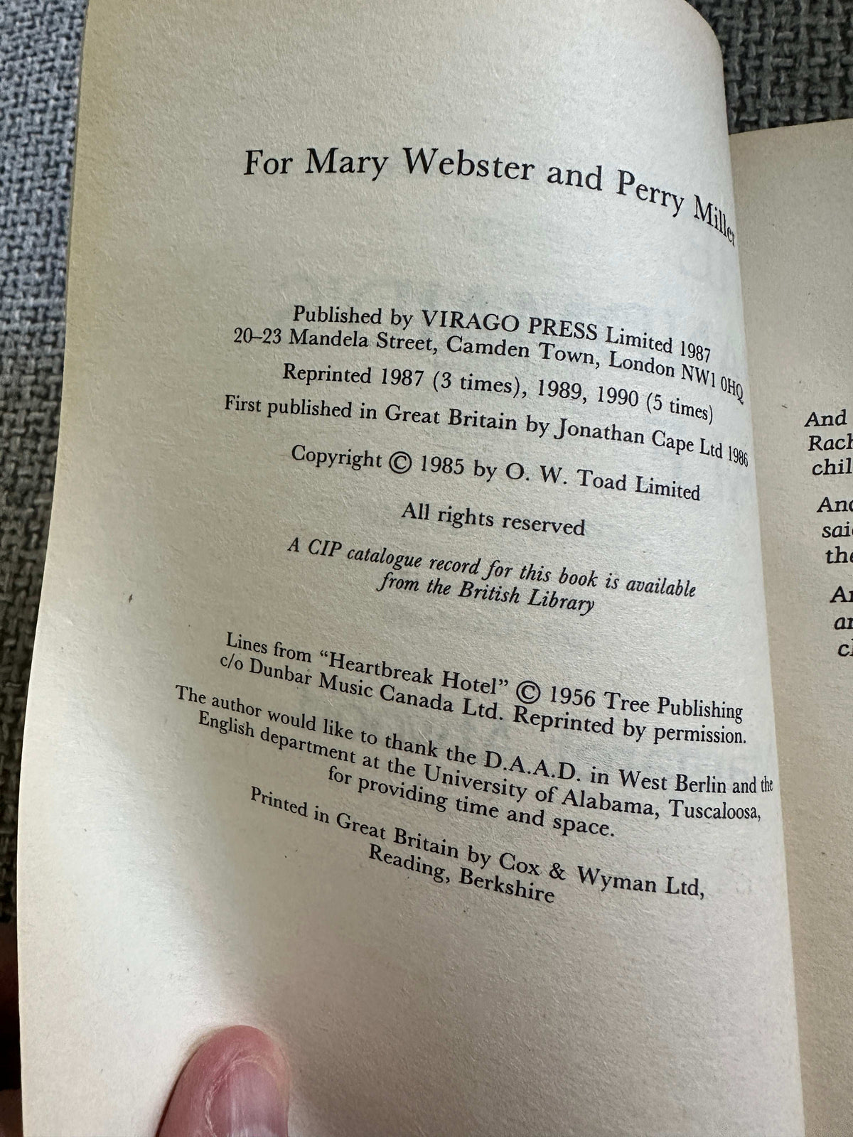 Page showing publishing details of a Margaret Atwood first edition 1990 book by Honeyburn Books UK