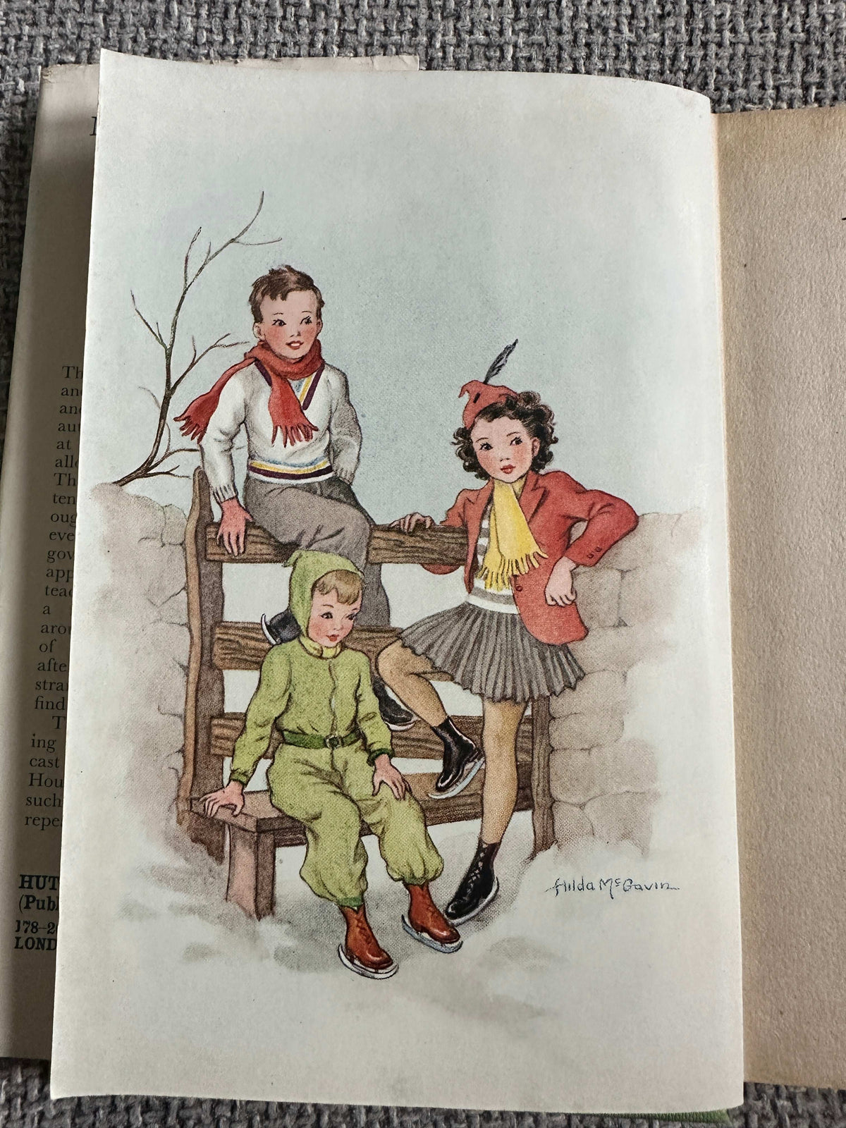 Illustration from Miss Fairitch and the Little Greenes first edition featuring three children on a wooden fence