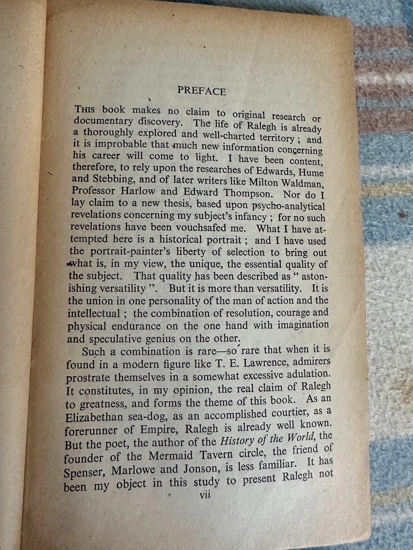 Sir Walter Ralegh biography first edition preface page with historical insights and author background