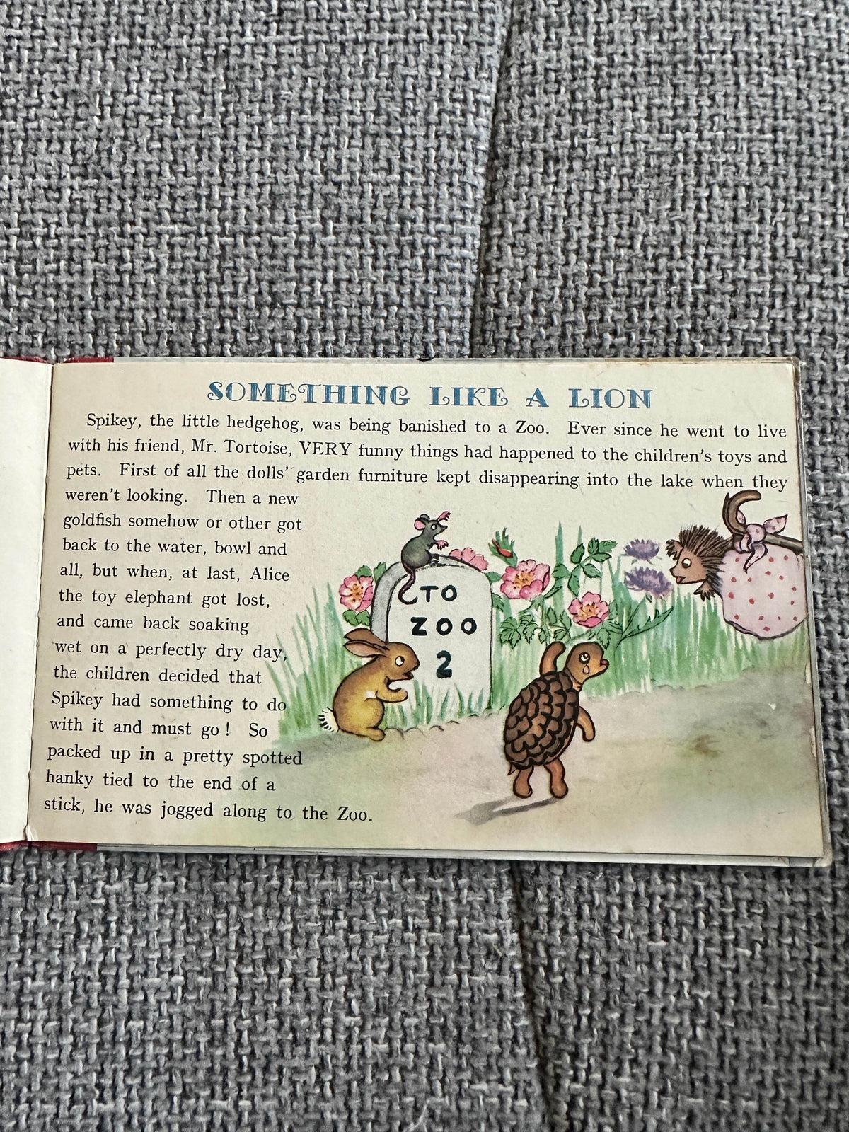 Something Like A Lion vintage children's book illustration featuring Spikey the hedgehog with friends