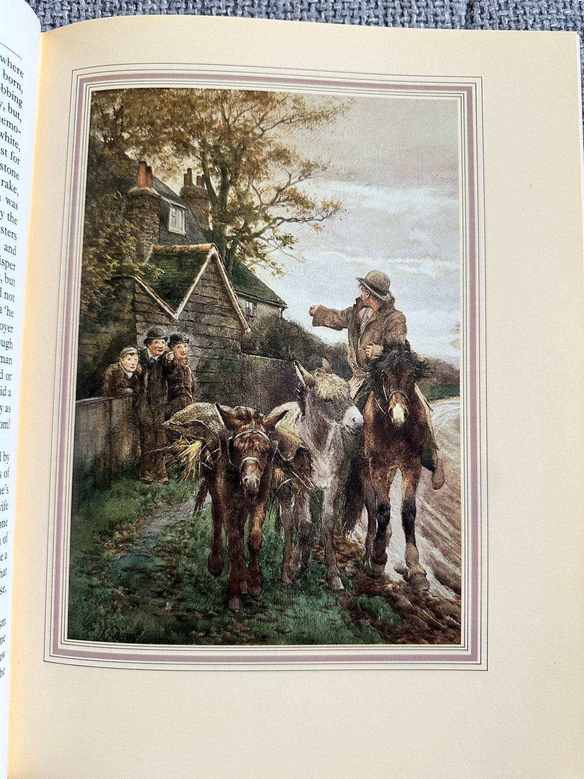 Illustration from Still Glides The Stream Flora Thompson showing a farmer with horses and children by a riverside