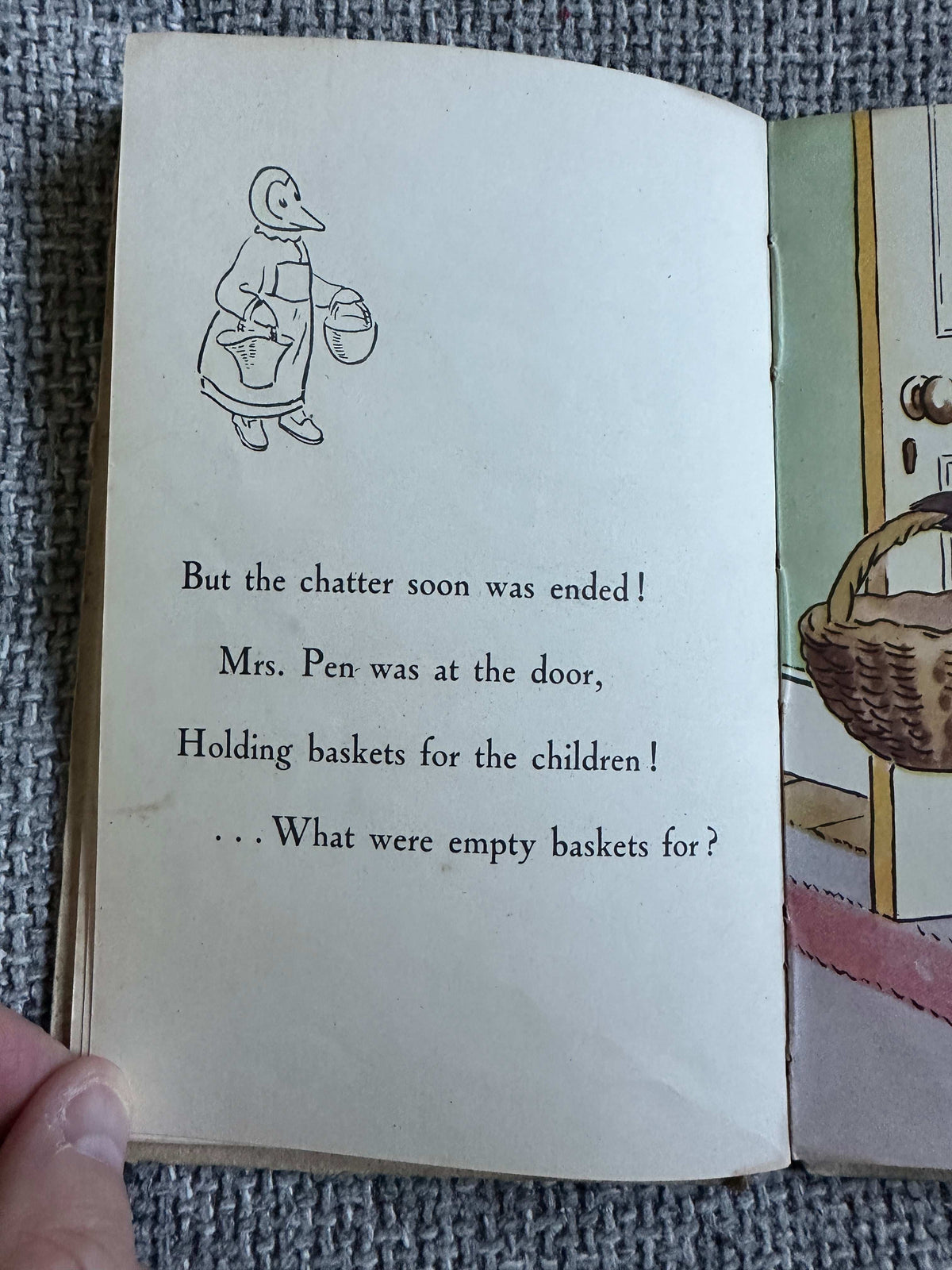 Illustration from The First Day of the Holidays vintage children's book showing Mrs. Pen holding baskets.