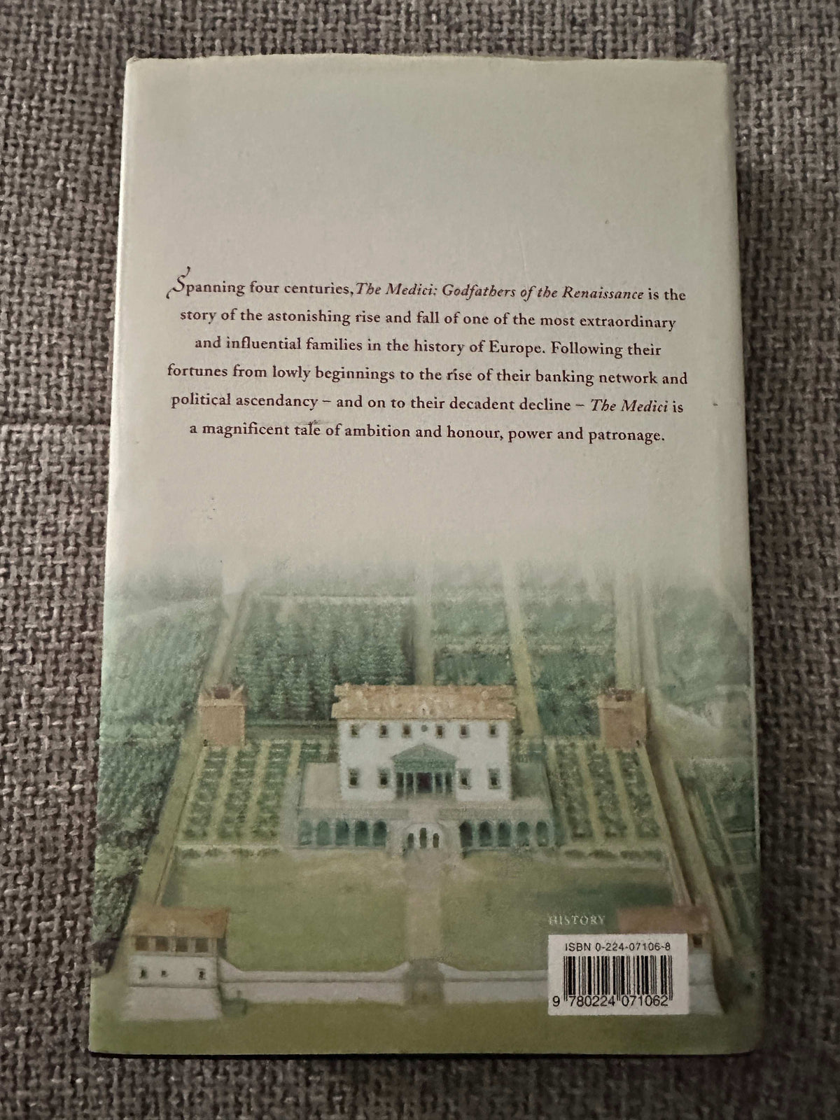 Back cover of The Medici Godfathers Of The Renaissance first edition showing historical illustrations and details.