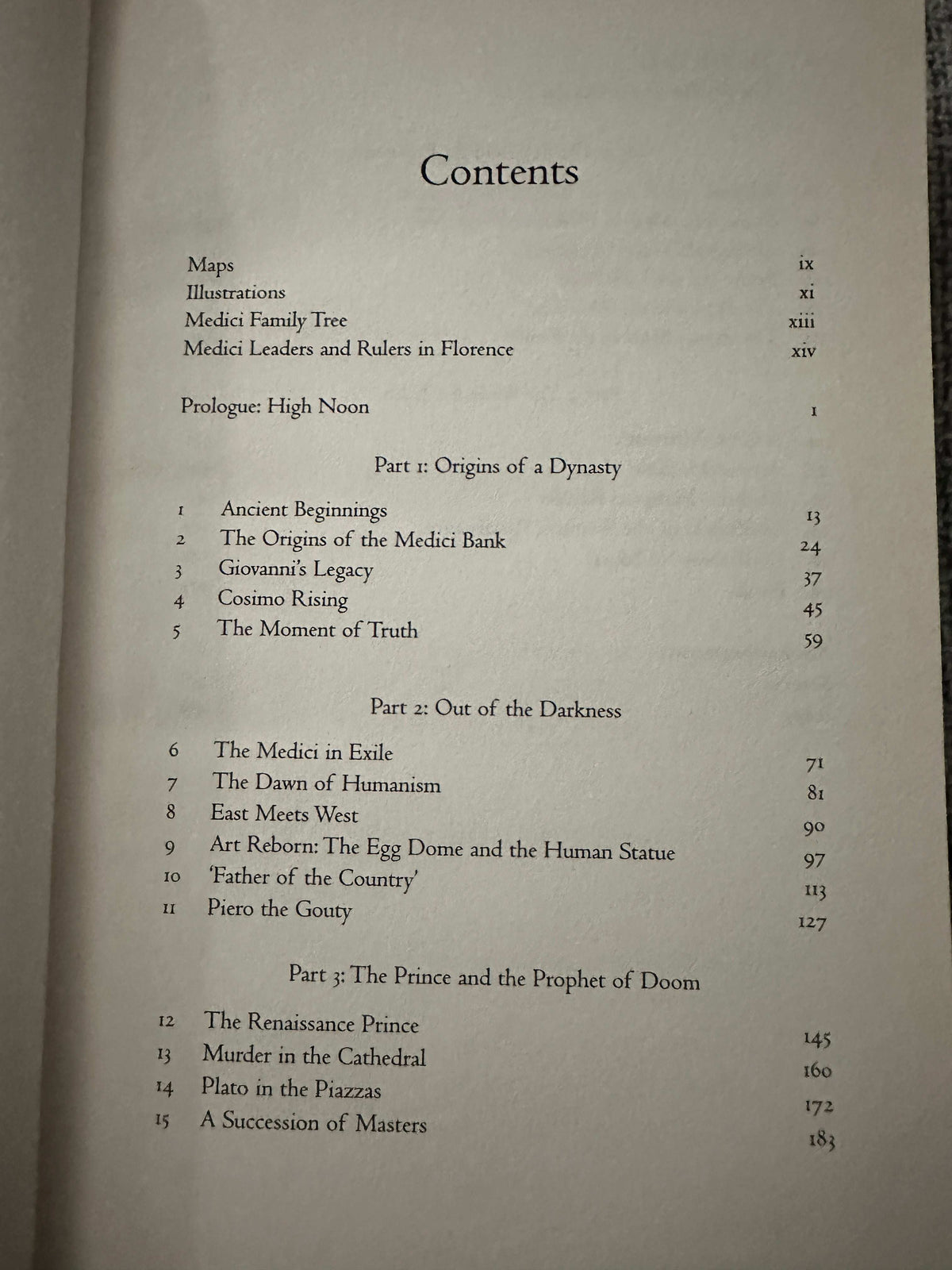 Contents page from The Medici Godfathers Of The Renaissance first edition detailing chapters and sections