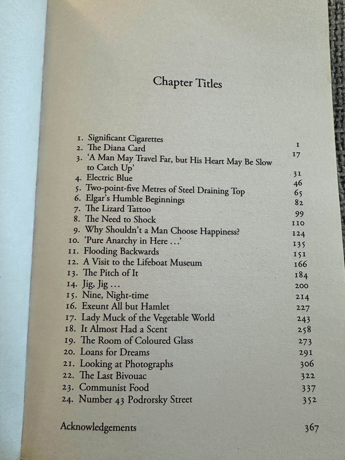 Chapter titles page from The Road Home Rose Tremain vintage book showcasing key content