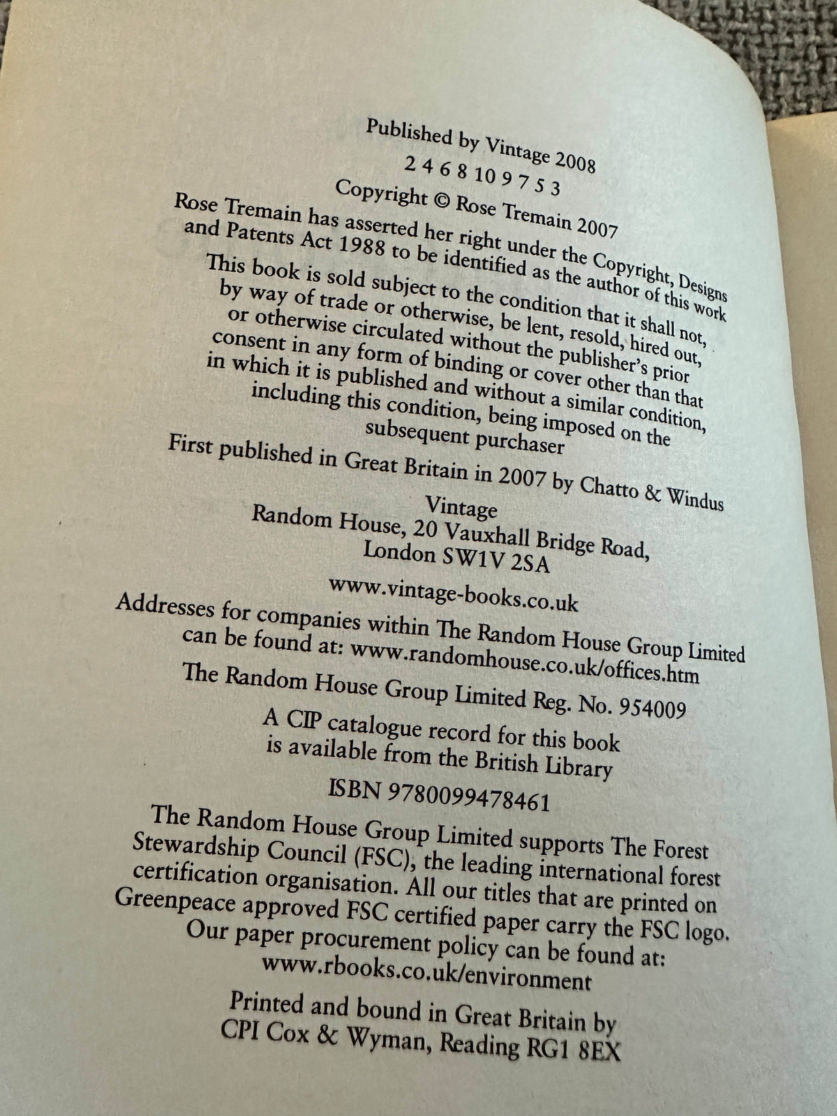 The Road Home Rose Tremain vintage book published by Vintage in 2008 with detailed copyright information
