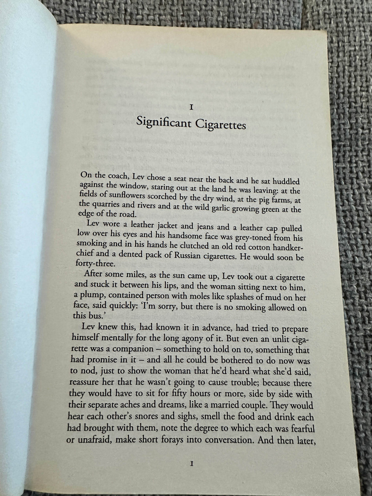 Page from The Road Home Rose Tremain vintage book featuring text about Lev and significant cigarettes