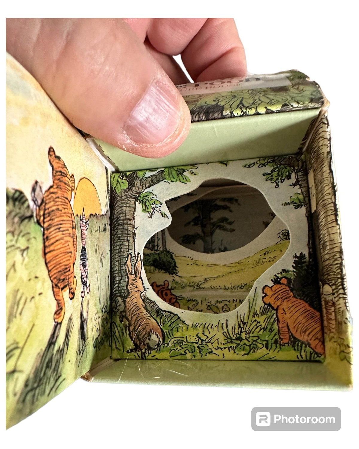 Inside view of the Winnie the Pooh Picture House book featuring illustrated characters in a scenic landscape