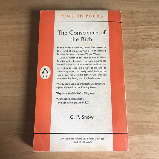 1962 The Conscience Of The Rich - C. P. Snow (Penguin Books) - Honeyburn Books (UK)