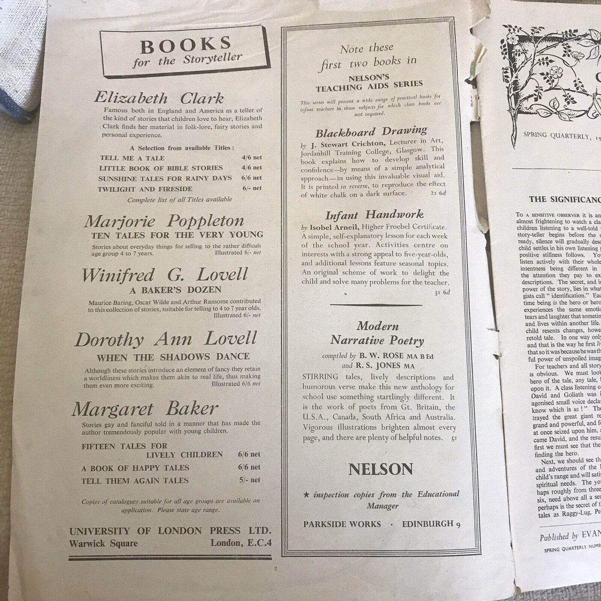 1954 Child Education Spring Quarterly Magazine Covers Torn Pub Evans Brothers - Honeyburn Books (UK)