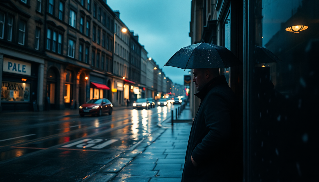 A lonely figure in a coat with an umbrella on a rainy street, symbolizing Ian Rankin Rebus novels review