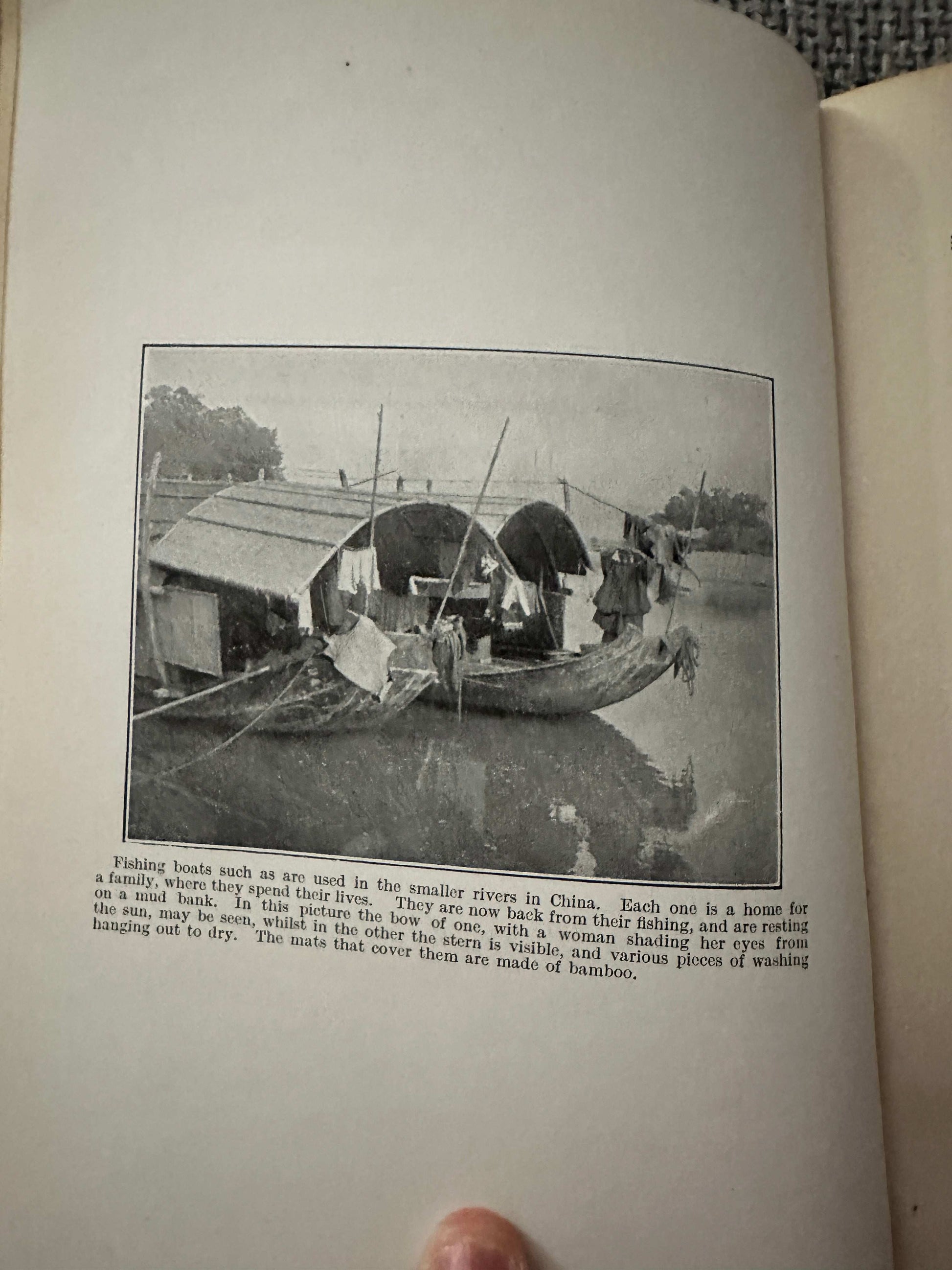 1914 Beside the Bamboo John MacGowan book page featuring fishing boats in a river in China