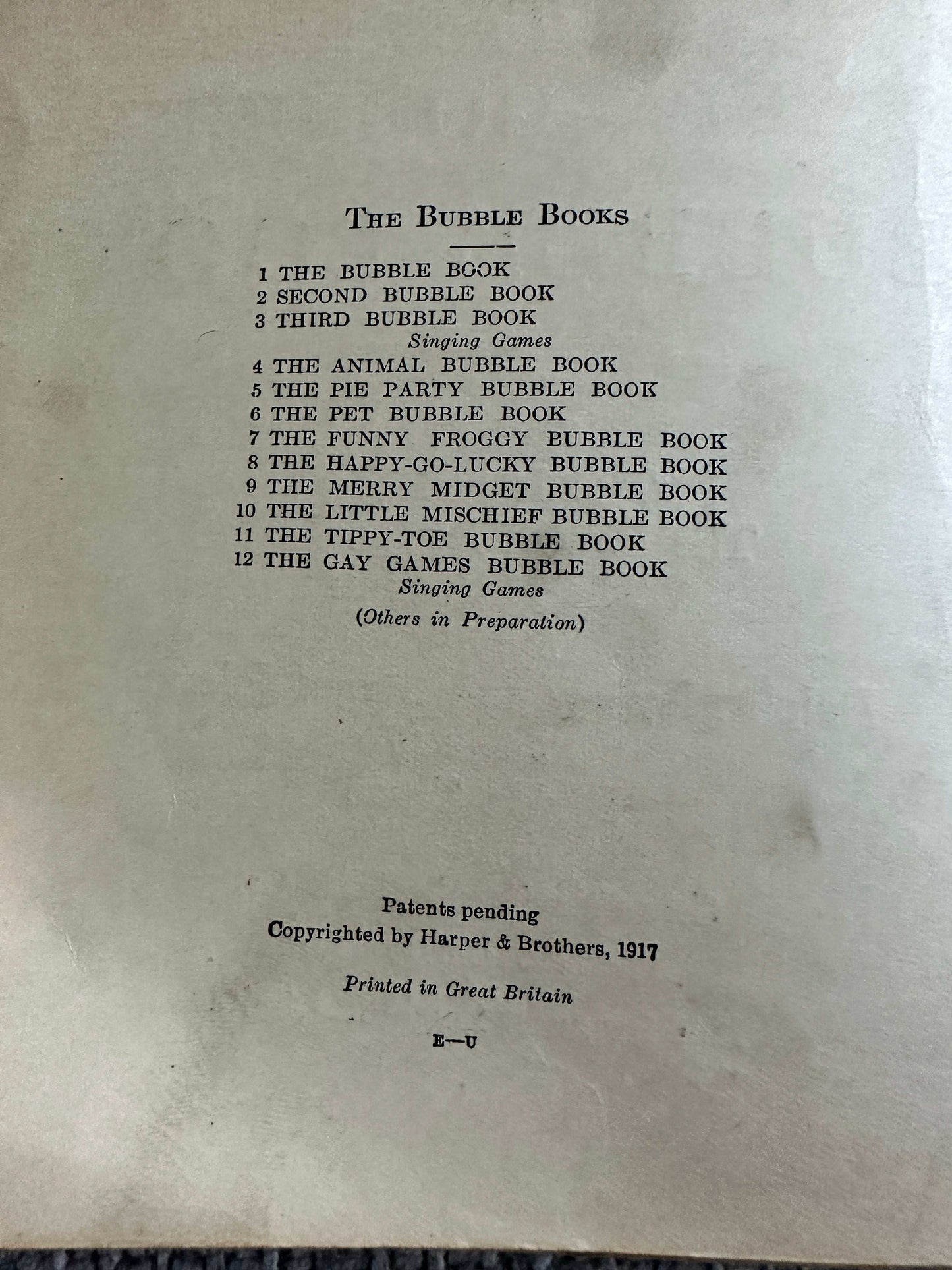 1917 Happy Go Lucky Bubble Book for sale featuring a list of other bubble books on page