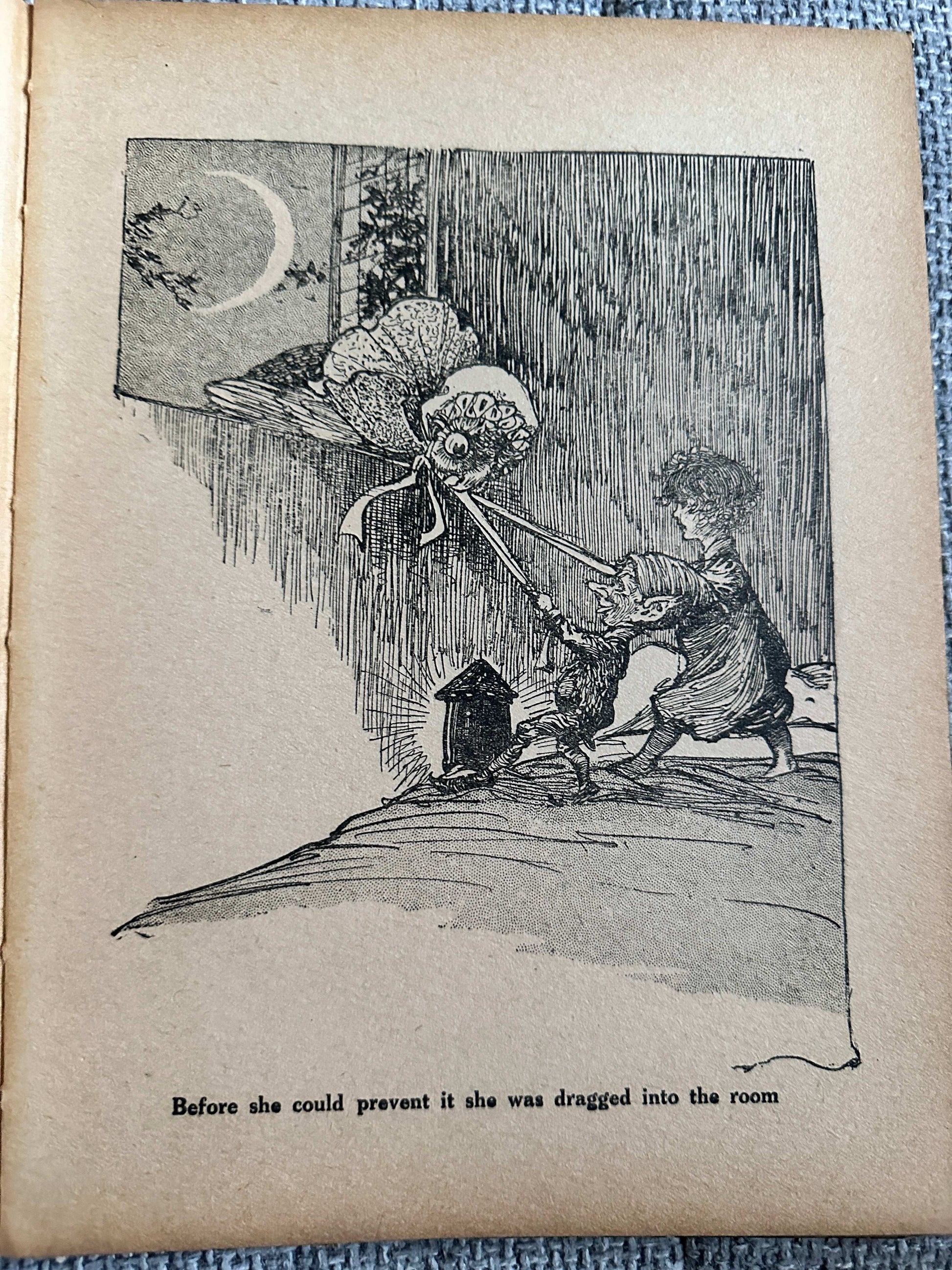 Illustration from 1933 The Fairy Ring hardback showing a child and a fairy in a whimsical scene