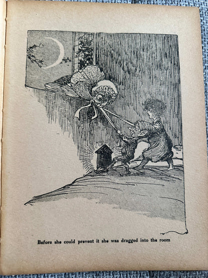 Illustration from 1933 The Fairy Ring hardback showing a child and a fairy in a whimsical scene