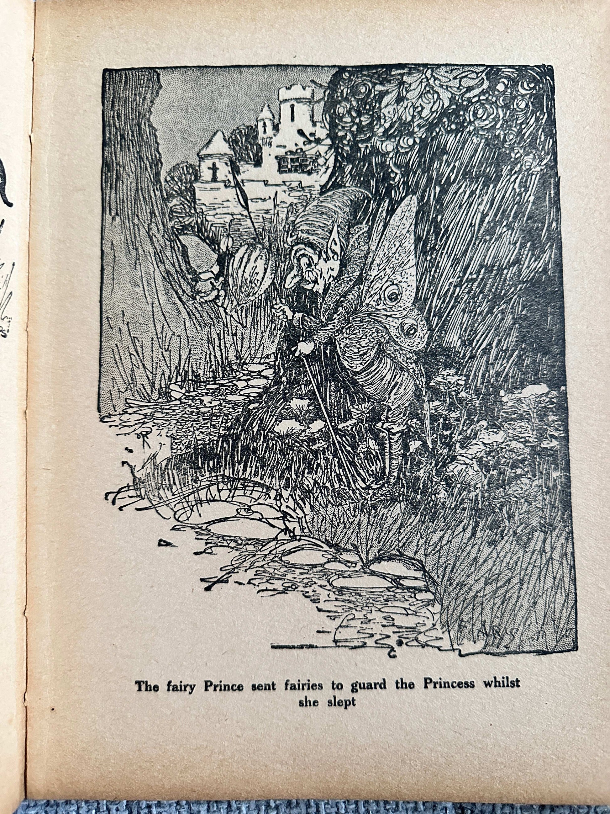 Illustration from 1933 The Fairy Ring hardback showing a fairy Prince guarding a sleeping Princess