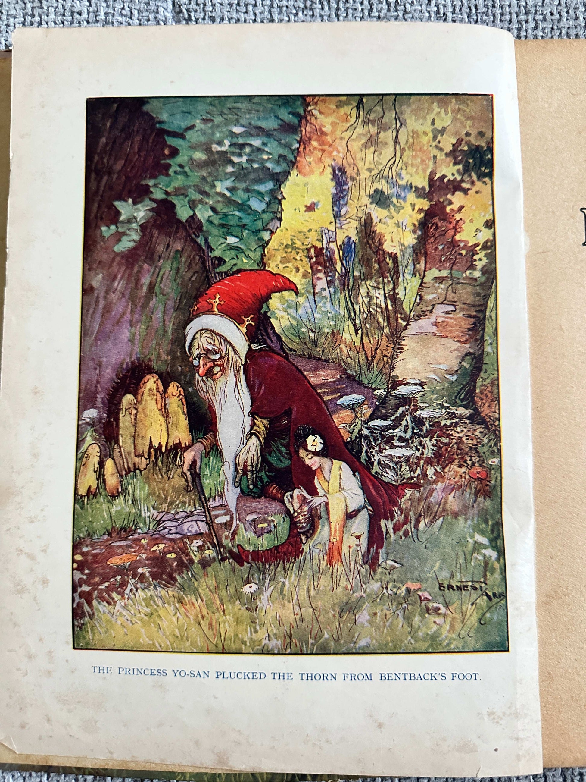Illustration from 1933 The Fairy Ring hardback featuring a wizard and a young girl in a magical forest.
