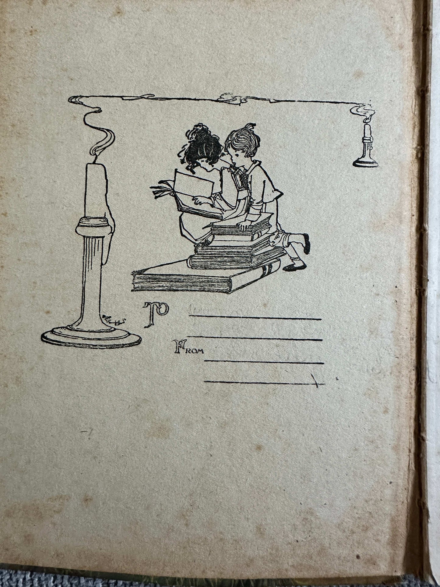 Inside cover illustration of 1933 The Fairy Ring hardback featuring children reading books