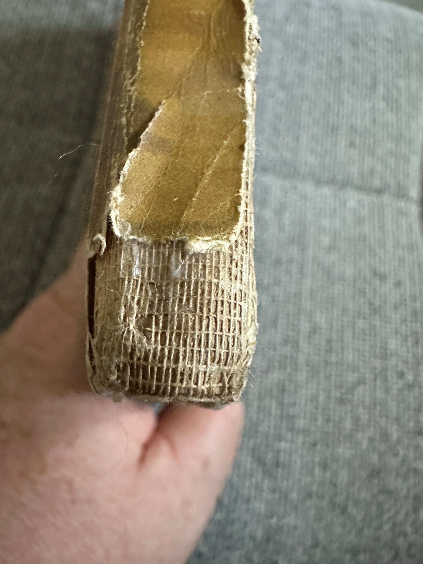 Close-up of the spine of 1933 The Fairy Ring hardback book showing worn edges and binding detail