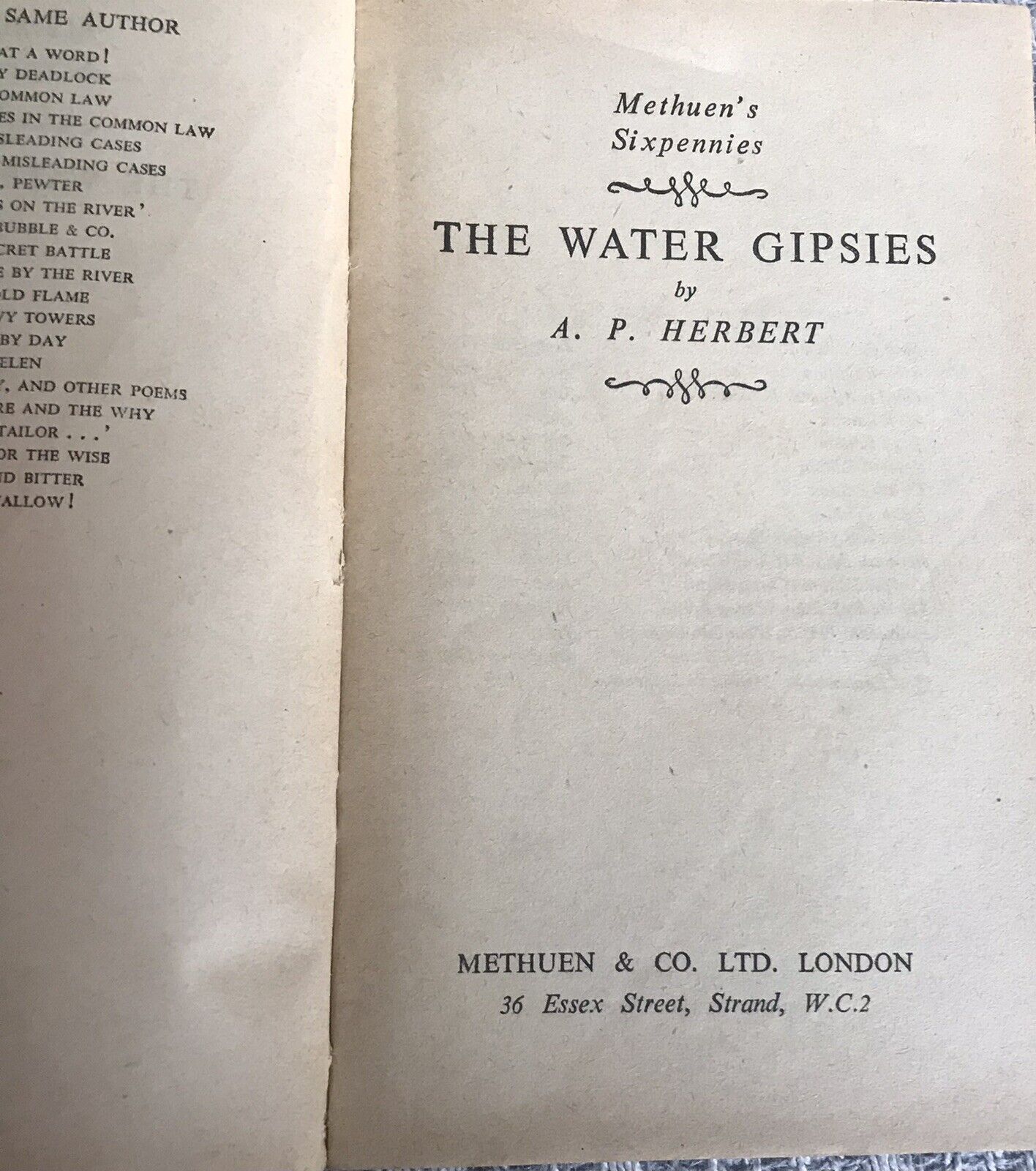 1939 The Water Gipsies - A.P. Herbert(Methuen Sixpennies) Honeyburn Books (UK)