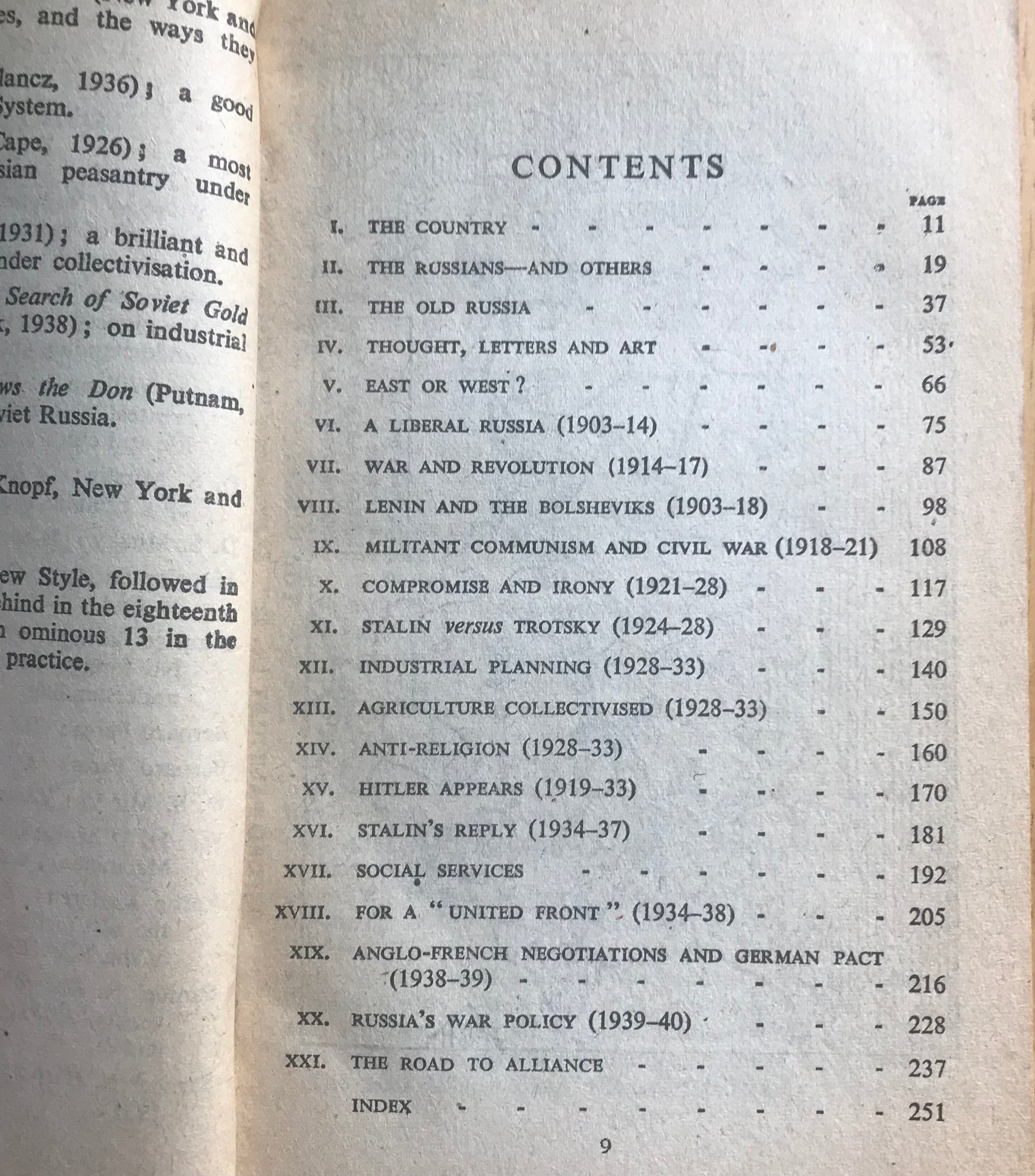 Table of contents from 1942 Russia Bernard Pares Penguin book detailing various historical themes