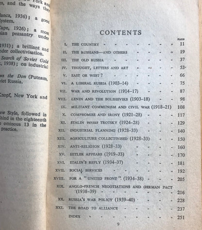 Table of contents from 1942 Russia Bernard Pares Penguin book detailing various historical themes